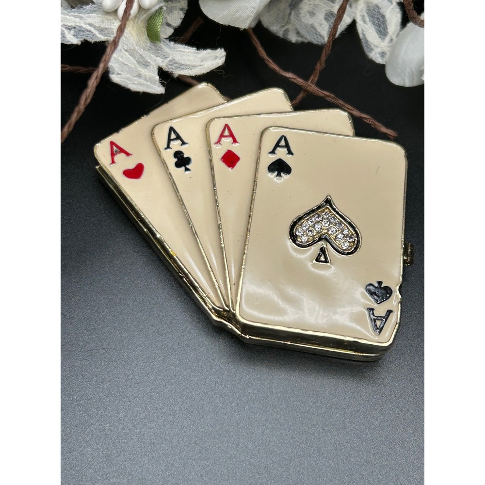 Vintage Work Of Art Enamel Ace Playing Cards Trinket Box Gambling Decor Vegas